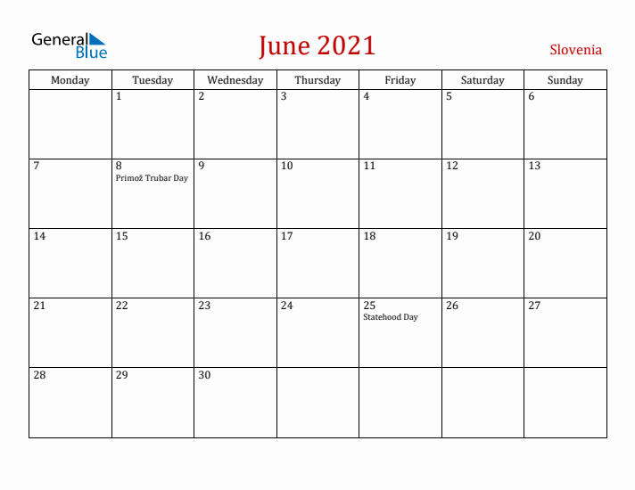 Slovenia June 2021 Calendar - Monday Start