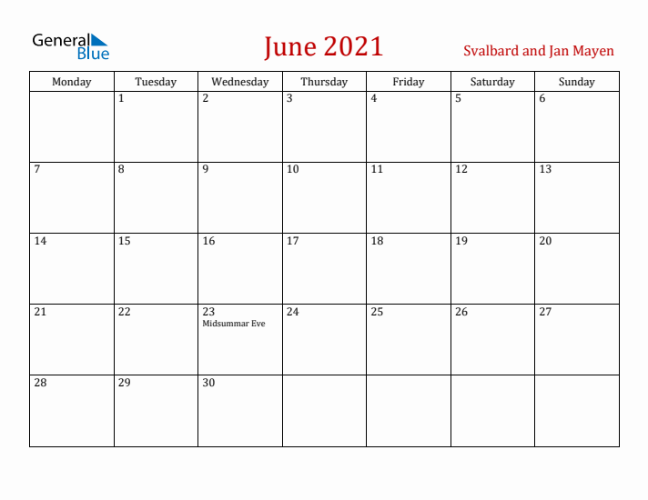 Svalbard and Jan Mayen June 2021 Calendar - Monday Start