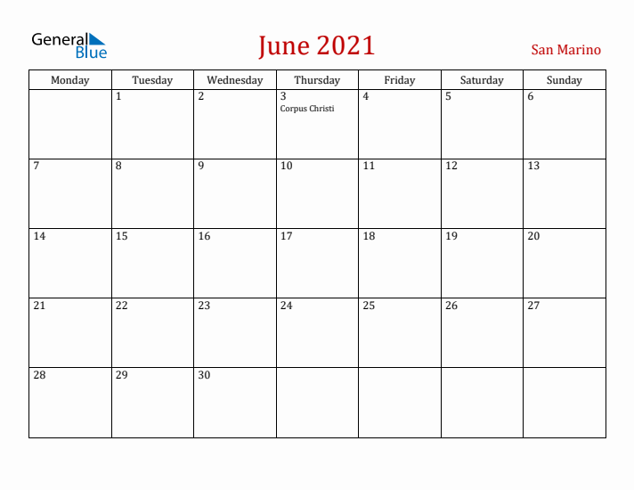 San Marino June 2021 Calendar - Monday Start