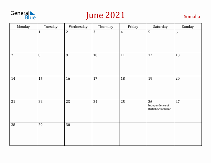 Somalia June 2021 Calendar - Monday Start