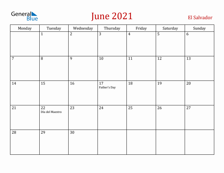 El Salvador June 2021 Calendar - Monday Start