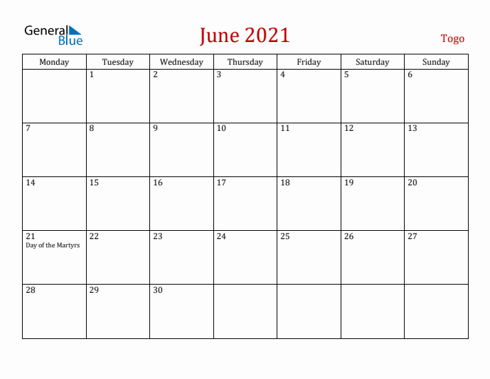 Togo June 2021 Calendar - Monday Start