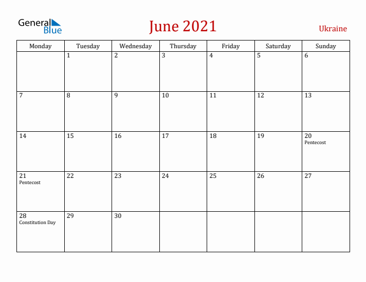 Ukraine June 2021 Calendar - Monday Start