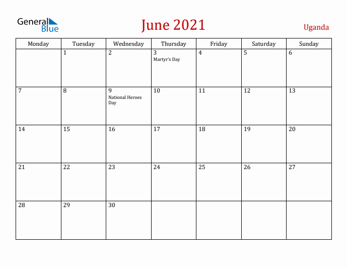Uganda June 2021 Calendar - Monday Start