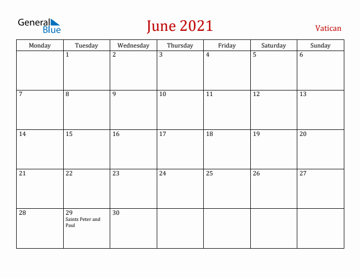 Vatican June 2021 Calendar - Monday Start