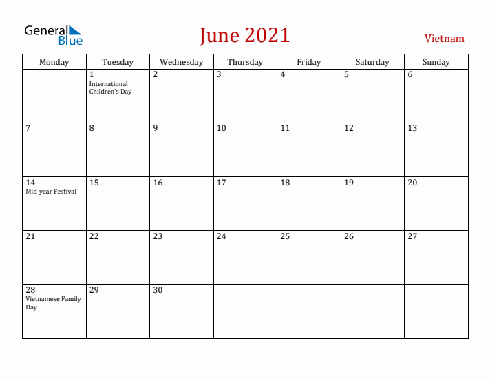 Vietnam June 2021 Calendar - Monday Start