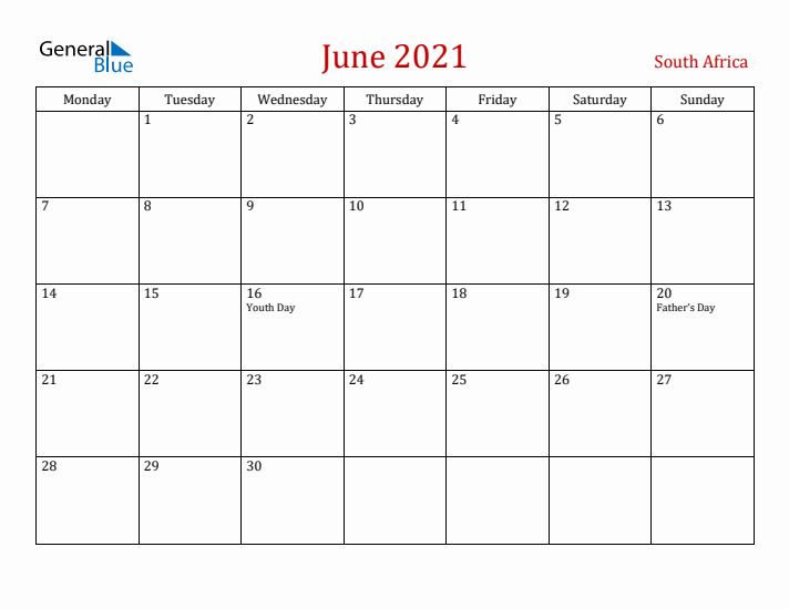 South Africa June 2021 Calendar - Monday Start