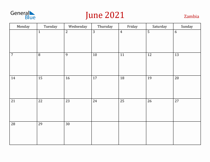 Zambia June 2021 Calendar - Monday Start