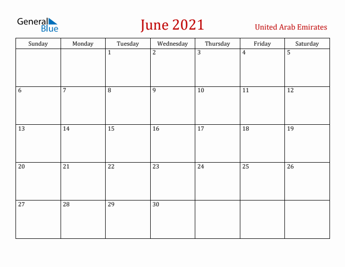 United Arab Emirates June 2021 Calendar - Sunday Start