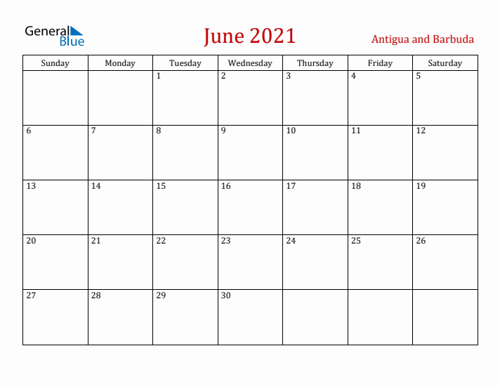 Antigua and Barbuda June 2021 Calendar - Sunday Start
