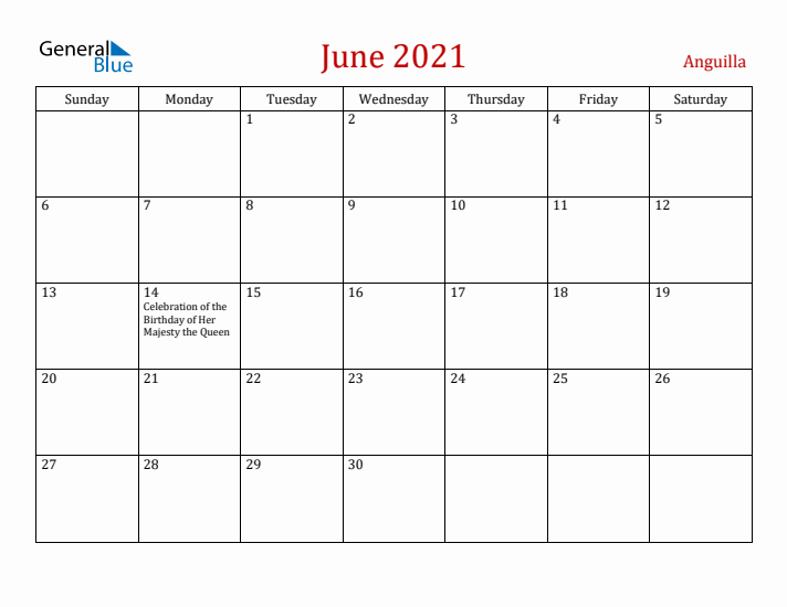 Anguilla June 2021 Calendar - Sunday Start