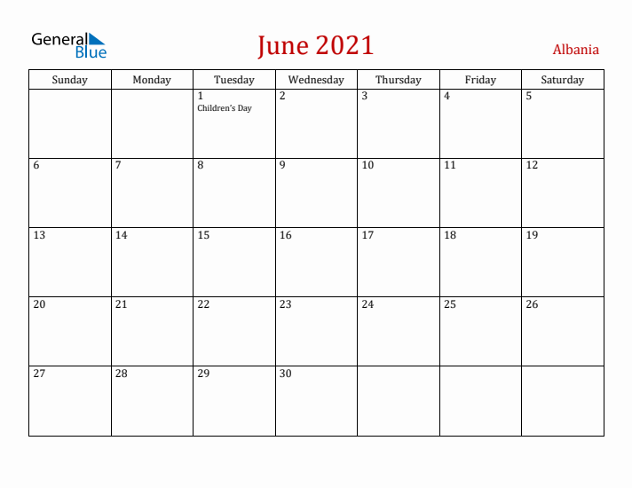 Albania June 2021 Calendar - Sunday Start