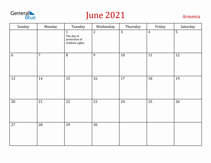 Armenia June 2021 Calendar - Sunday Start