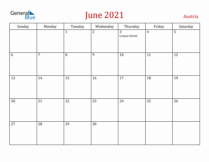 Austria June 2021 Calendar - Sunday Start