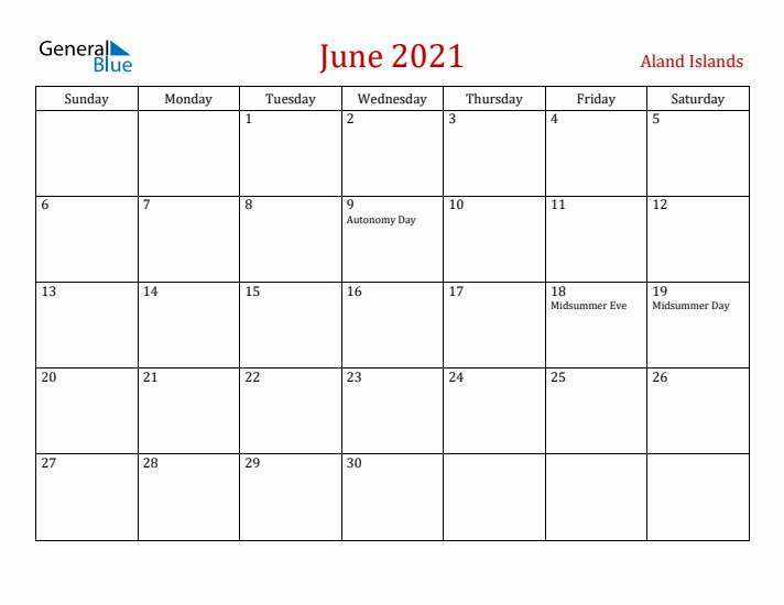Aland Islands June 2021 Calendar - Sunday Start