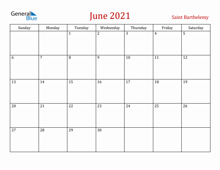 Saint Barthelemy June 2021 Calendar - Sunday Start