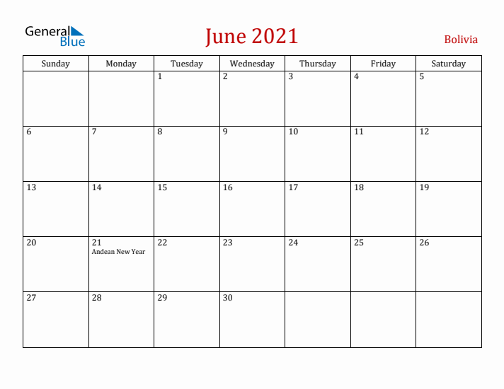 Bolivia June 2021 Calendar - Sunday Start