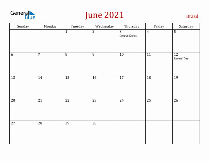 Brazil June 2021 Calendar - Sunday Start