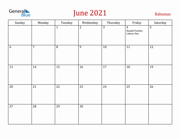 Bahamas June 2021 Calendar - Sunday Start