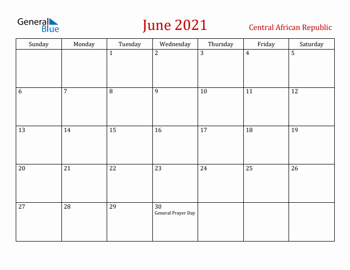 Central African Republic June 2021 Calendar - Sunday Start