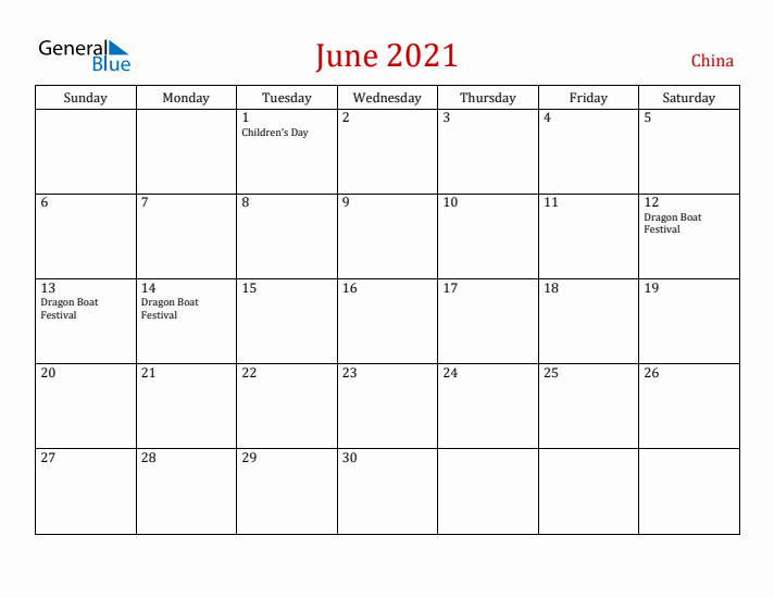 China June 2021 Calendar - Sunday Start