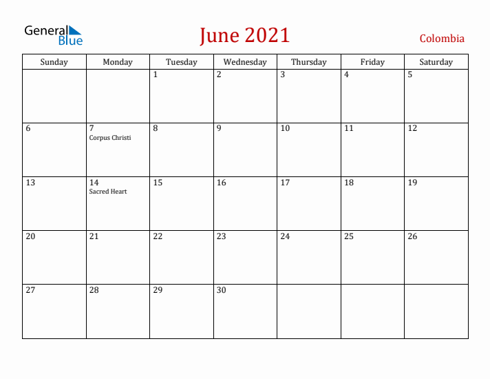 Colombia June 2021 Calendar - Sunday Start