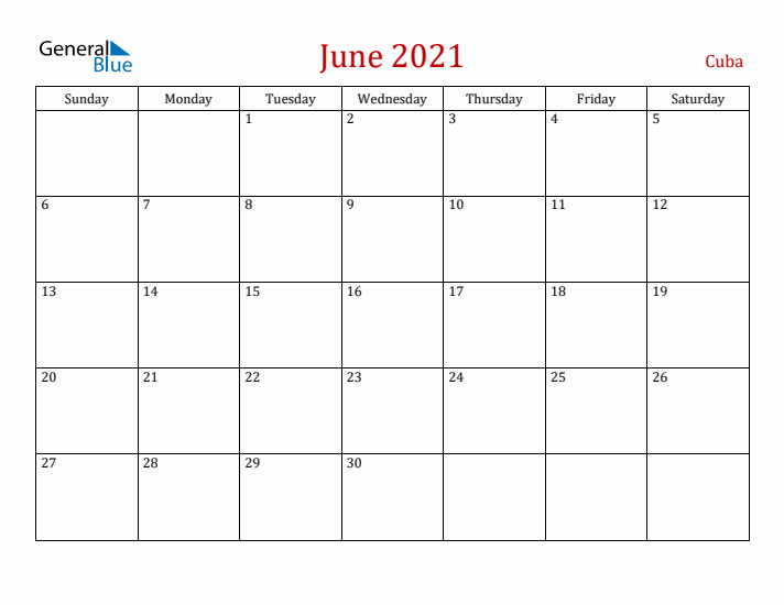 Cuba June 2021 Calendar - Sunday Start