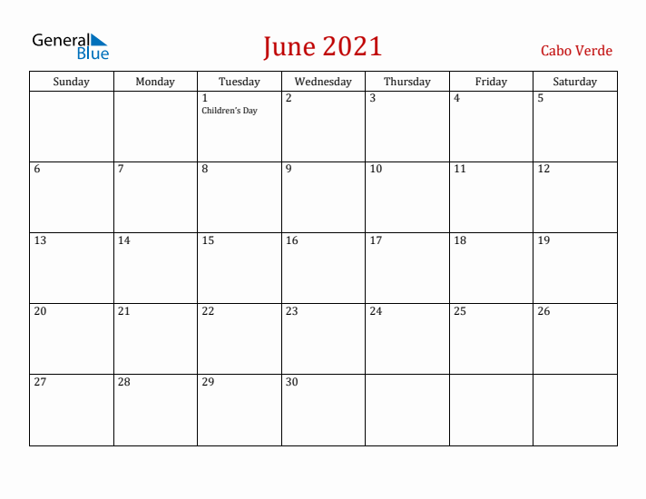 Cabo Verde June 2021 Calendar - Sunday Start