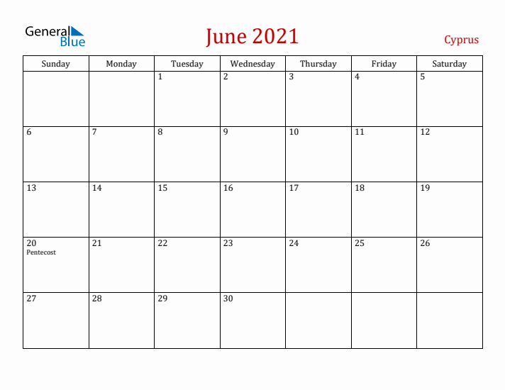 Cyprus June 2021 Calendar - Sunday Start