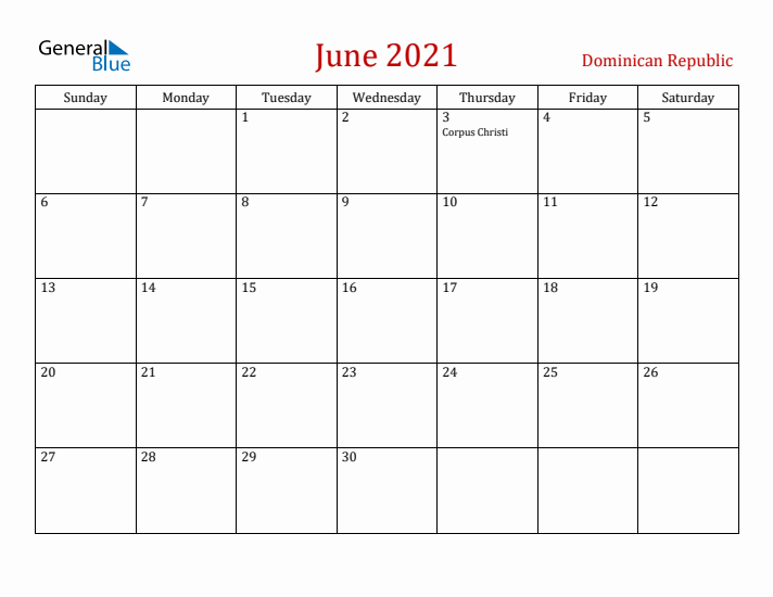 Dominican Republic June 2021 Calendar - Sunday Start