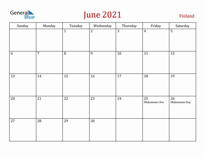 Finland June 2021 Calendar - Sunday Start