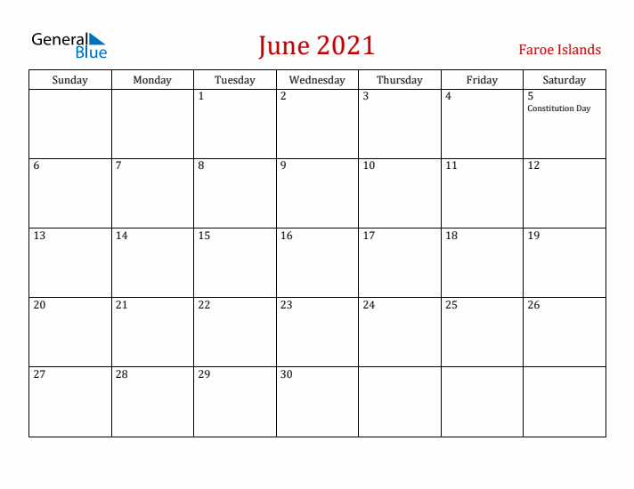 Faroe Islands June 2021 Calendar - Sunday Start