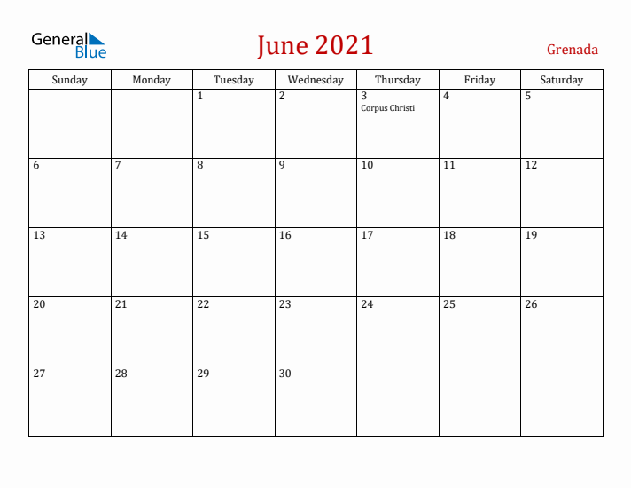 Grenada June 2021 Calendar - Sunday Start