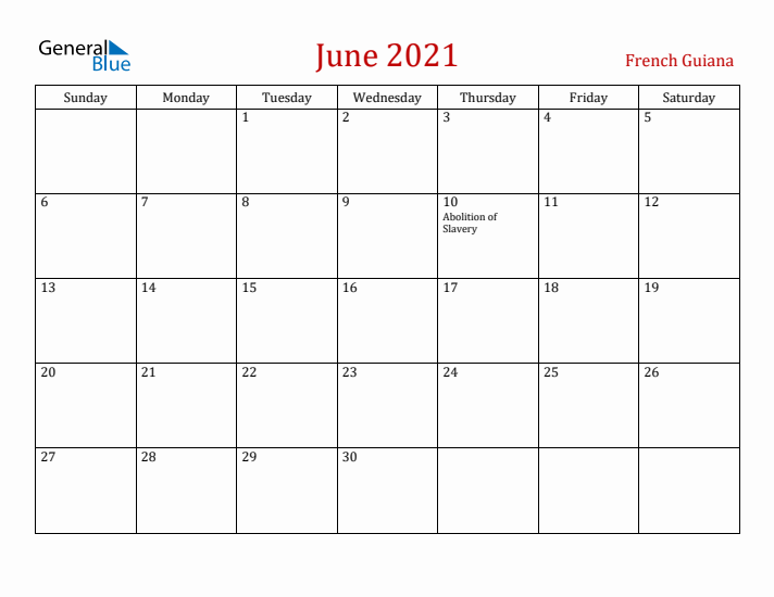 French Guiana June 2021 Calendar - Sunday Start