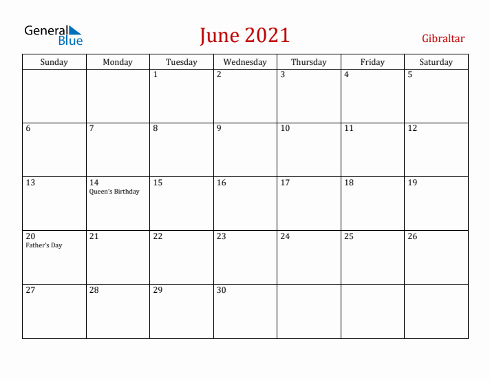Gibraltar June 2021 Calendar - Sunday Start