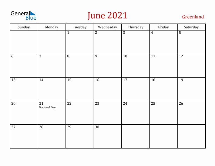 Greenland June 2021 Calendar - Sunday Start