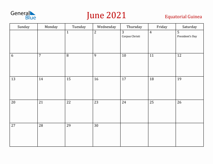 Equatorial Guinea June 2021 Calendar - Sunday Start