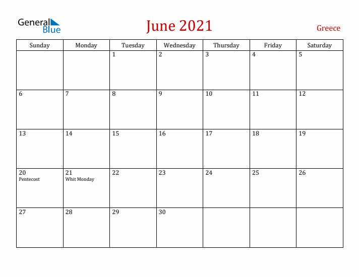 Greece June 2021 Calendar - Sunday Start