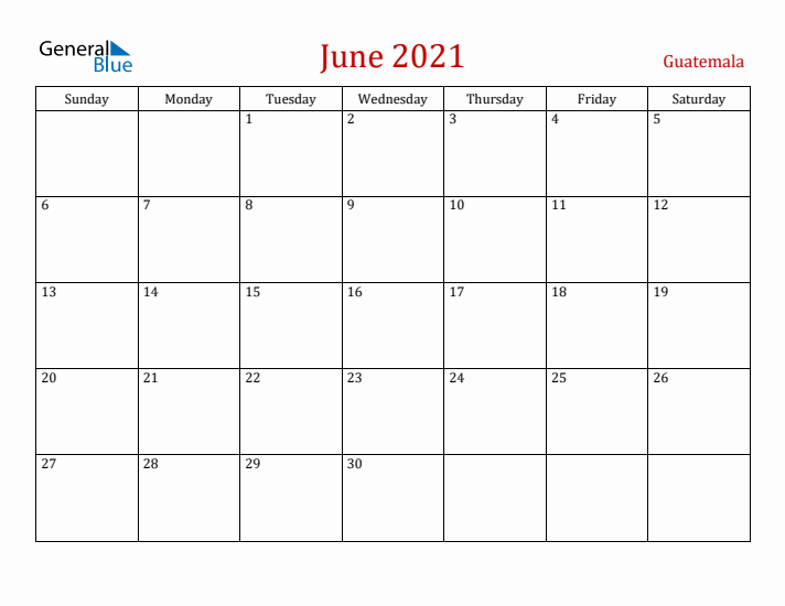 Guatemala June 2021 Calendar - Sunday Start