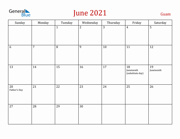 Guam June 2021 Calendar - Sunday Start