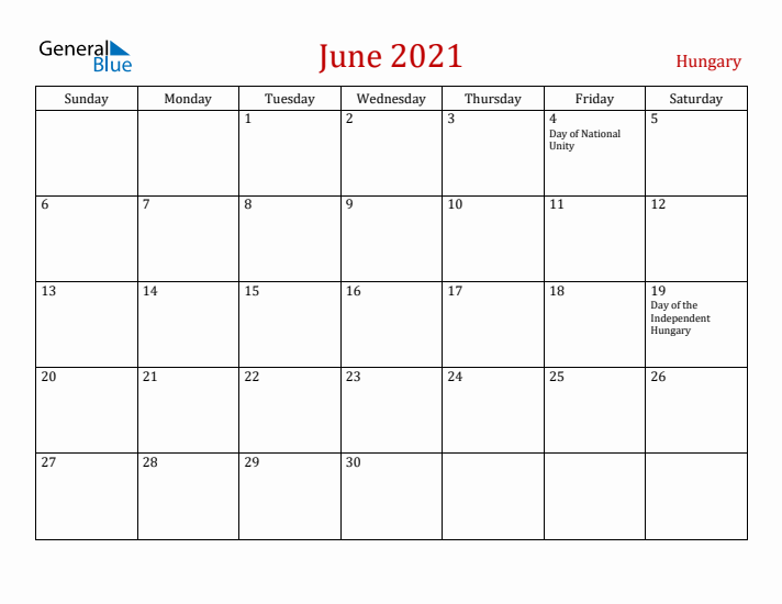 Hungary June 2021 Calendar - Sunday Start