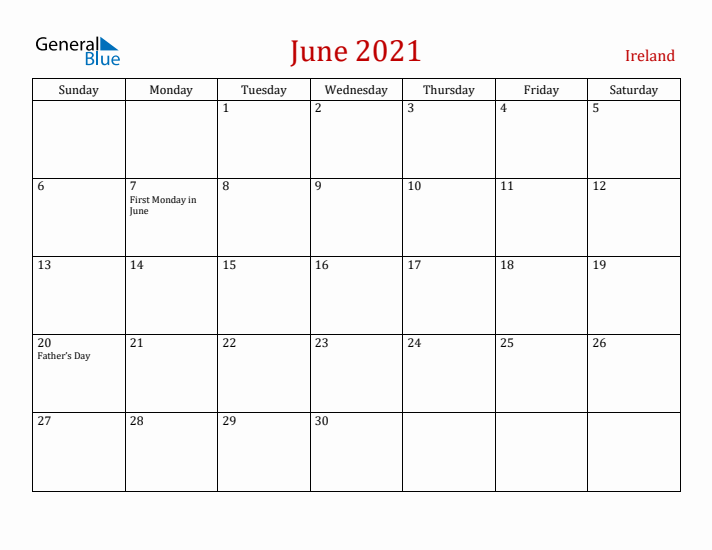 Ireland June 2021 Calendar - Sunday Start