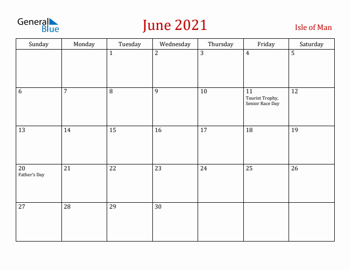 Isle of Man June 2021 Calendar - Sunday Start