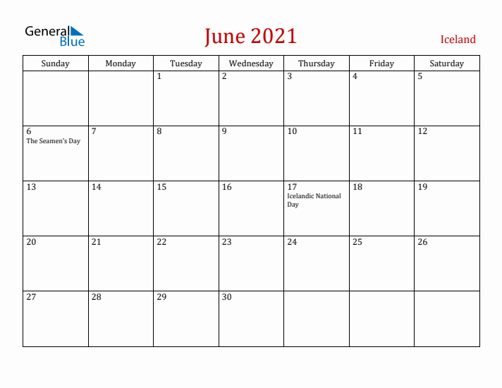 Iceland June 2021 Calendar - Sunday Start