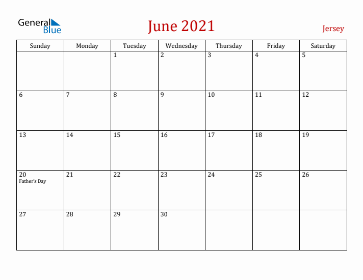 Jersey June 2021 Calendar - Sunday Start