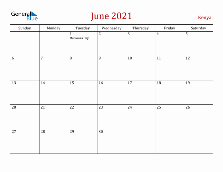 Kenya June 2021 Calendar - Sunday Start