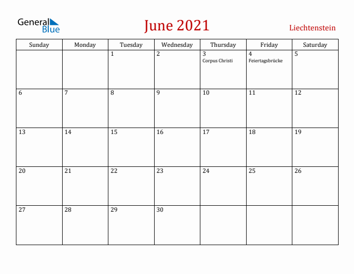 Liechtenstein June 2021 Calendar - Sunday Start