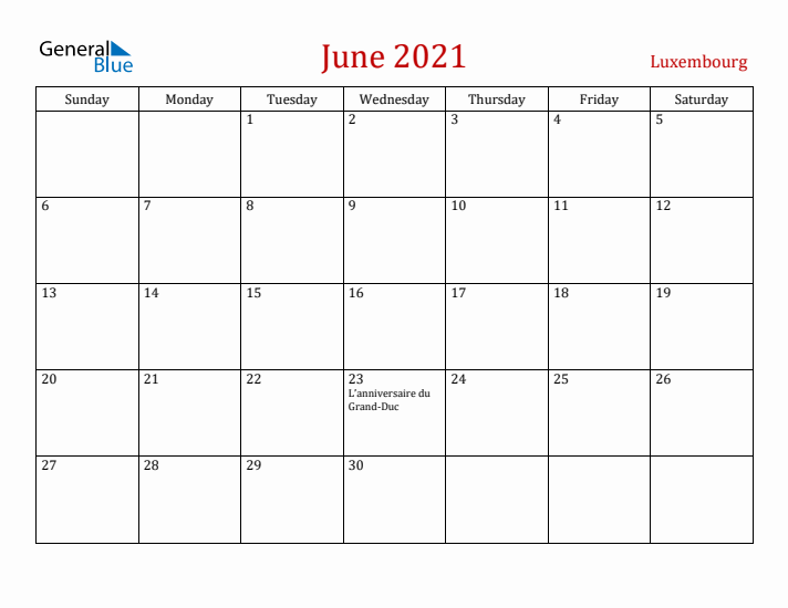 Luxembourg June 2021 Calendar - Sunday Start
