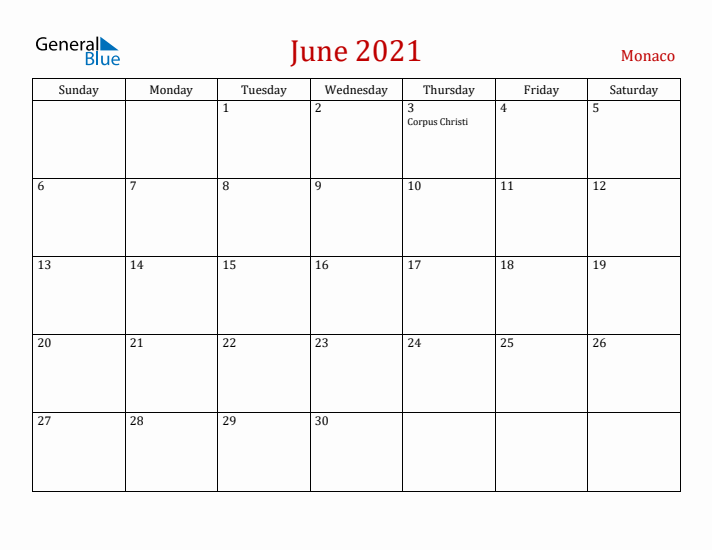 Monaco June 2021 Calendar - Sunday Start