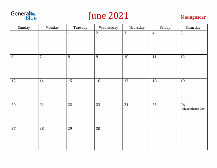Madagascar June 2021 Calendar - Sunday Start